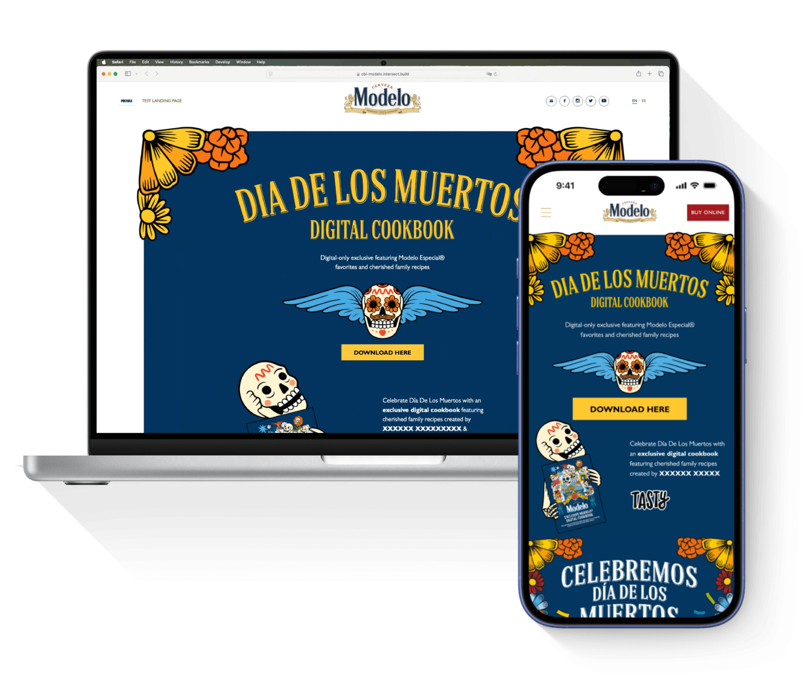  modelo's dia de los muertos campaign landing page on a laptop and a mobile phone