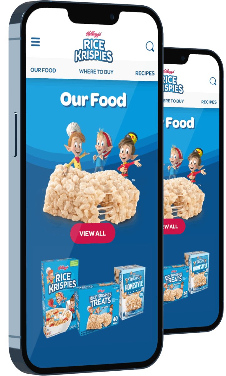 two phones showing rice krispies mobile site